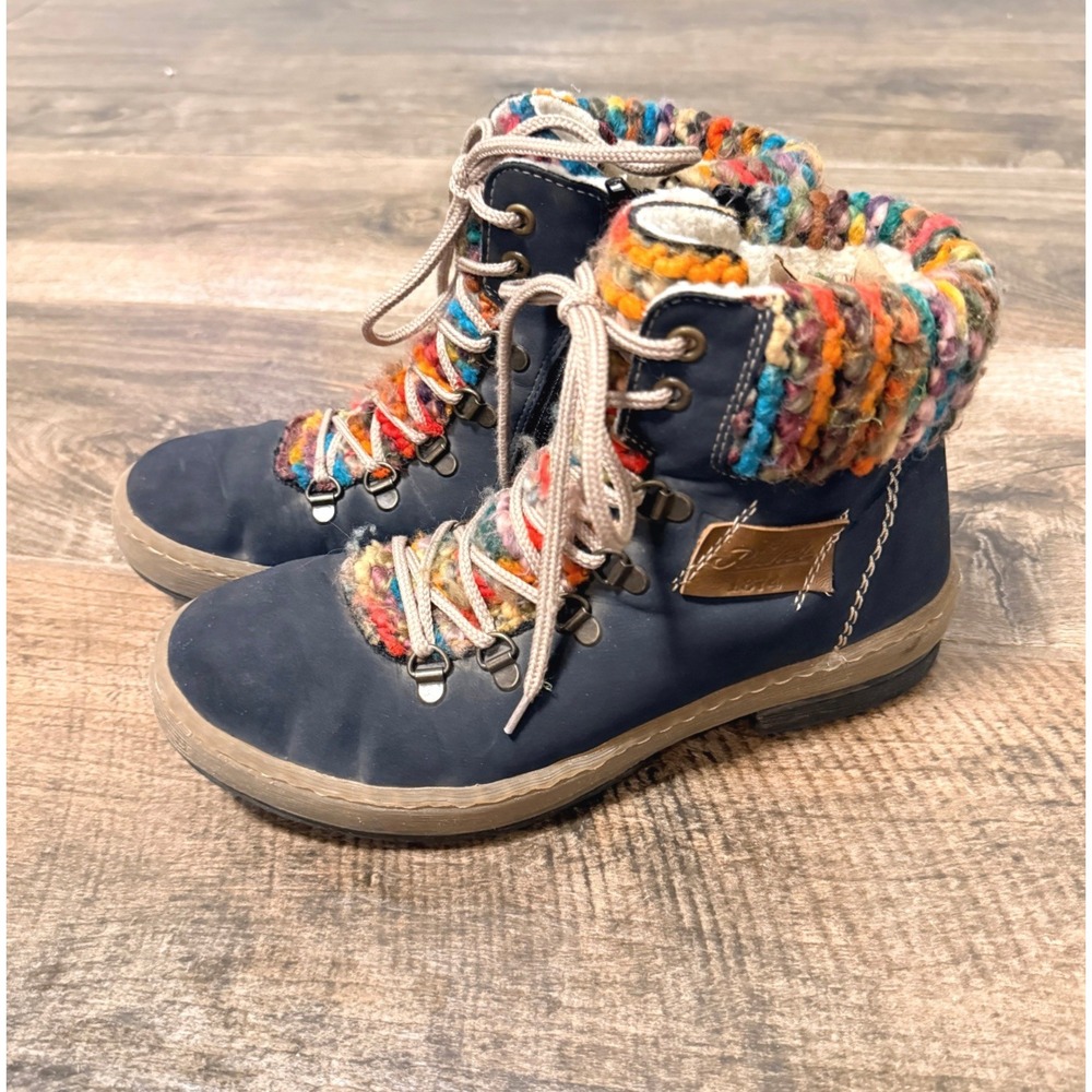 Rieker Women's Felicitas Multicolor Woven Collar Ankle Boot,Blue, 38(7-7.5)